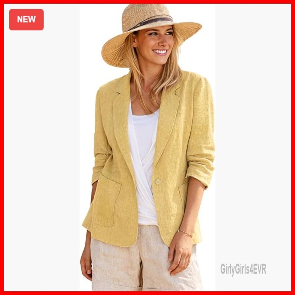 Linen Blazer Women's 3/4 Ruched Sleeve Lightweight Business Casual Jacket